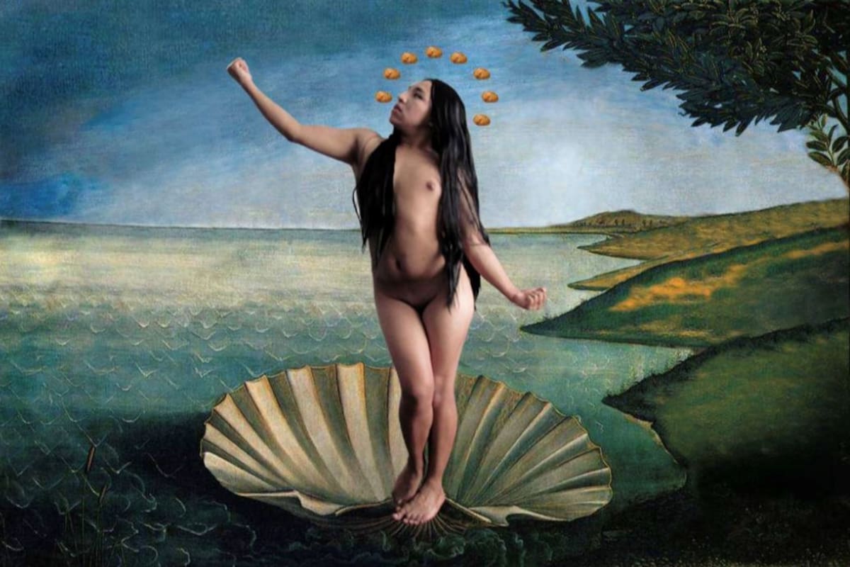 Nascita di Chola (2013), fotomontaje de “La Chola” Poblete exhibida por la galería Pasto en la feria madrileña ARCO en 2022