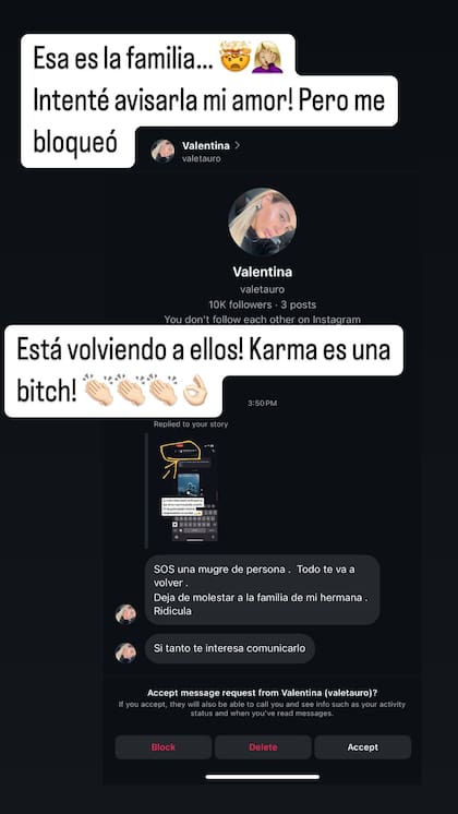 Natalia Borges mostró el mensaje de Valentina Tauro, hermana de la actual pareja de Lavezzi