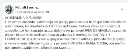 Nathalí inició una campaña en redes sociales para denunciar el caso de su pareja y reclamar su liberación