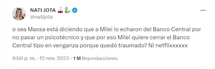 Nati Jota compartió su opinión en redes sociales