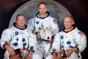 Neil Armstrong, Buzz Aldrin y Michael Collins, el 30 de marzo de 1969