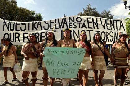 Nemonte Nenquimo, en el centro, en una manifestación de 2019 frente al palacio presidencial, en Quito