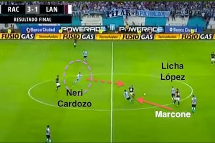 Neri Cardozo lee antes el pase que hará Marcone en el círculo central y transformará esa recuperación una situación de gol clara para Lisandro López