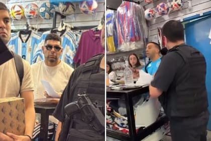 Néstor Ortigoza y el dueño de Camisetas Nani durante el allanamiento del local