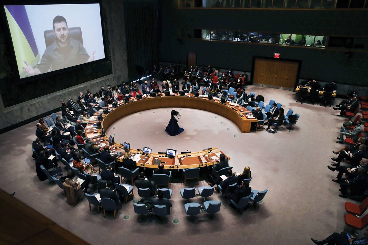 NEW YORK, NEW YORK - APRIL 05: Ukrainian President Volodymyr Zelensky addresses the United Nations (UN) Security Council via video link on April 05, 2022 in New York City. The Security Council session was called to consider Ukrainian allegations of mass murder of civilians in the town of Bucha by Russian soldiers. Hundreds of bodies, some bound and shot at close range, were discovered in the town northwest of Kyiv after Russian soldiers left. Spencer Platt/Getty Images/AFP
== FOR NEWSPAPERS, INTERNET, TELCOS & TELEVISION USE ONLY ==