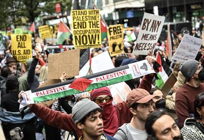 Manifestación pro palestina en Times Square, en Nueva York