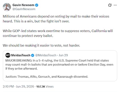 Newsom aseguró que la disputa por el voto a través de correo electrónico no había "finalizado"
