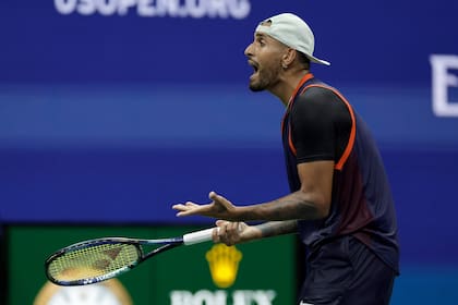 Nick Kyrgios, of Australia, reacts during play against Daniil Medvedev, of Russia, during the fourth round of the U.S. Open tennis championships, Sunday, Sept. 4, 2022, in New York. (AP Photo/Adam Hunger)