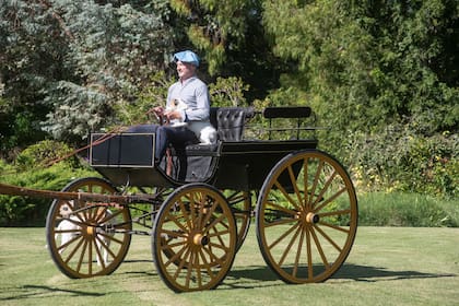 Nico Heinen en un carruaje antiguo tipo “break” con su compañera Nina