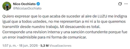 Nico Occhiato repudió el accionar de sus compañeros de Luzu TV (Foto: Captura X/@NicolasOcchiato)