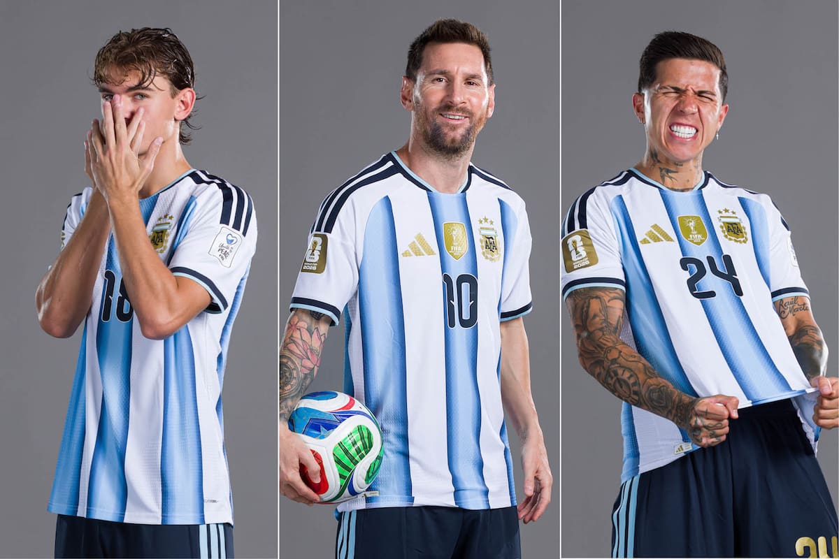 Nico Paz, Lionel Messi y Enzo Fernández, en una sesión de fotos que los jugadores argentinos vivieron con risas y muchas bromas