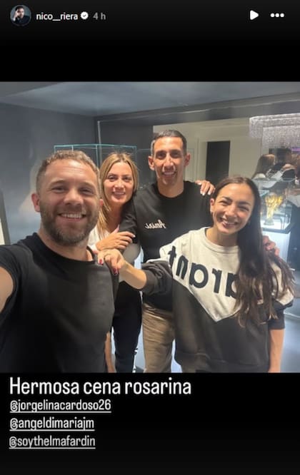 Nico Riera y Thelma Fardin compartieron una cena con Ángel Di María y Jorgelina Cardoso en Rosario (Foto: Instagram @nico_riera)