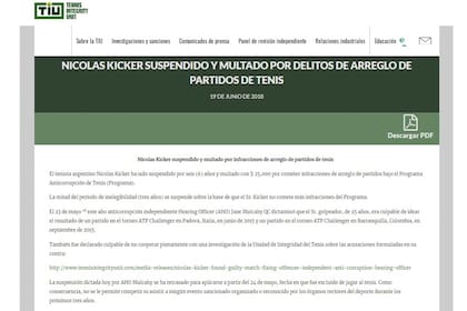 La sentencia de la Unidad de Integridad del Tenis: el 19 de junio de 2018, el organismo suspendió a Nicolás Kicker por tres años y lo multó con 25.000 dólares por arreglo de partidos