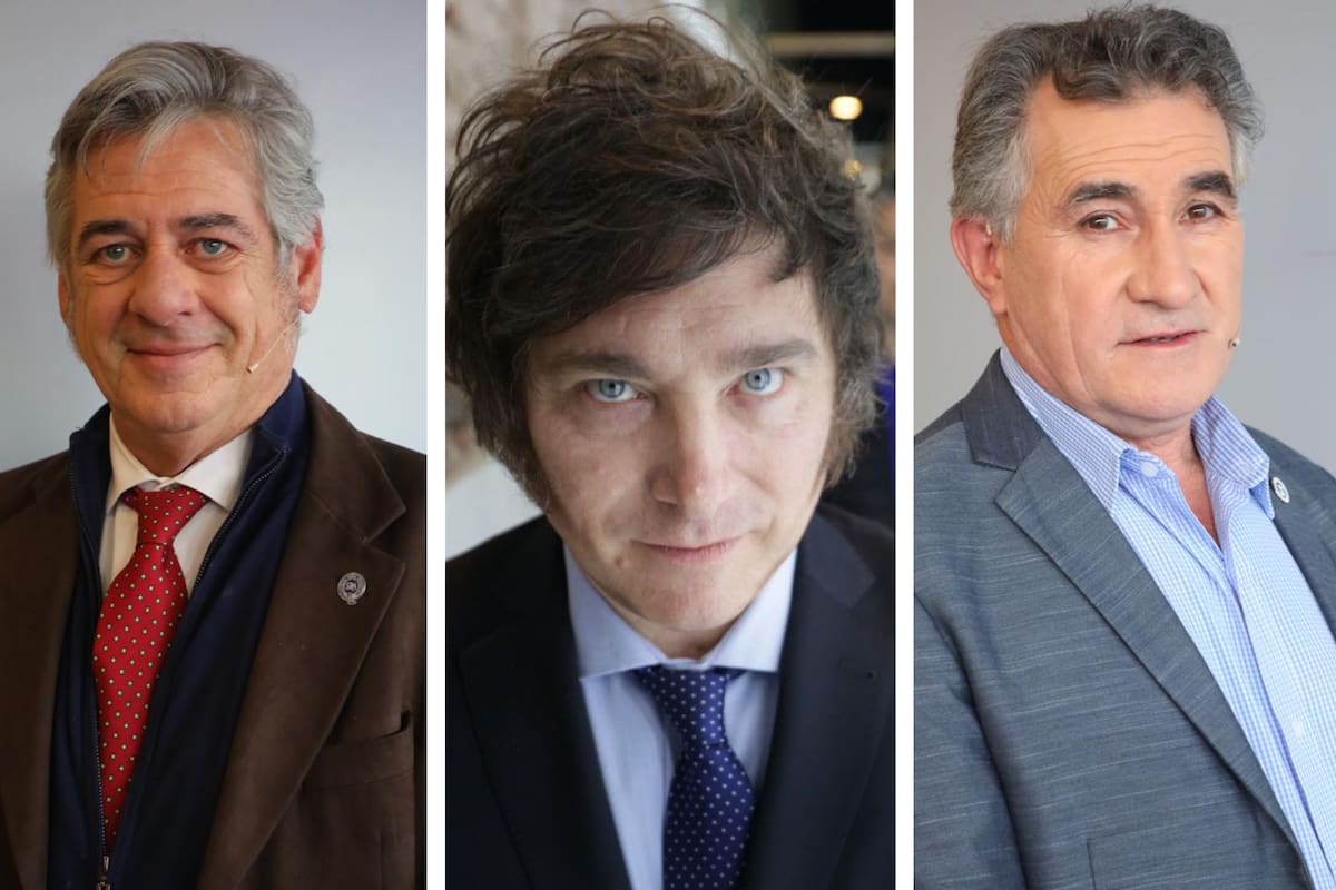 Nicolás Pino, presidente de la SRA; el presidente electo, Javier Milei, y Carlos Achetoni, presidente de FAA