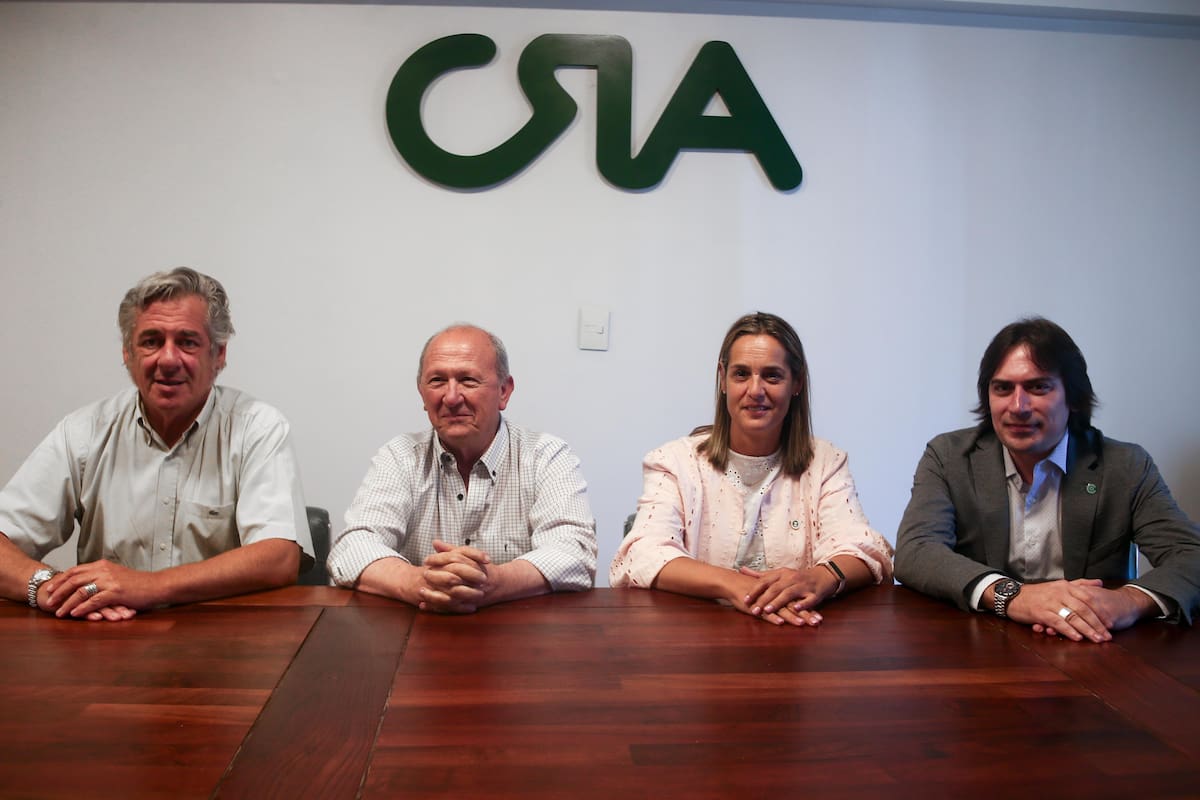 Nicolás Pino (SRA), Carlos Castagnani (CRA), Andrea Sarnari (Federación Agraria) y Lucas Magnano, (Coninagro) luego de la reunión que mantuvieron como Mesa de Enlace en la sede de CRA
