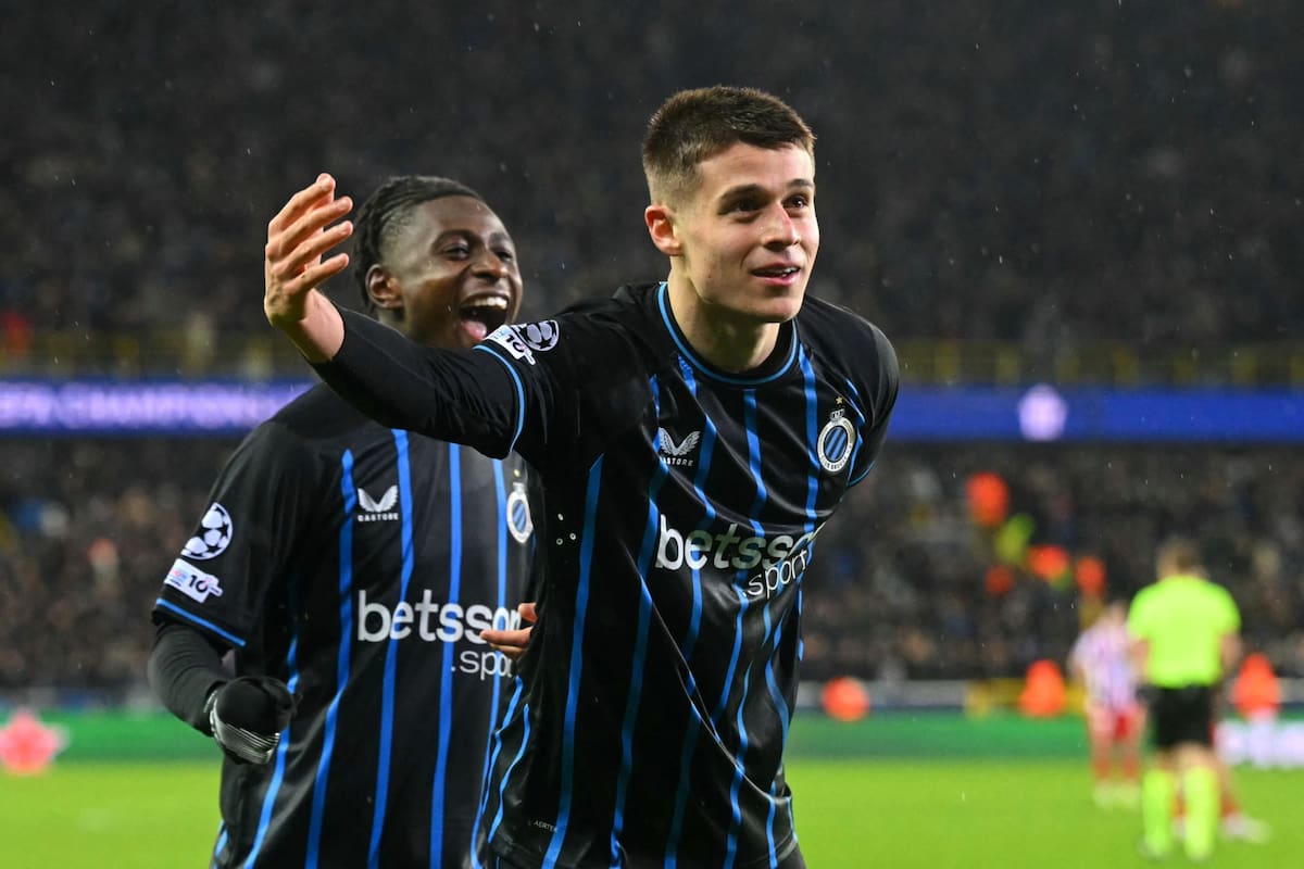 Nicoló Tresoldi, delantero de Brujas y con madre argentina, festeja su gol