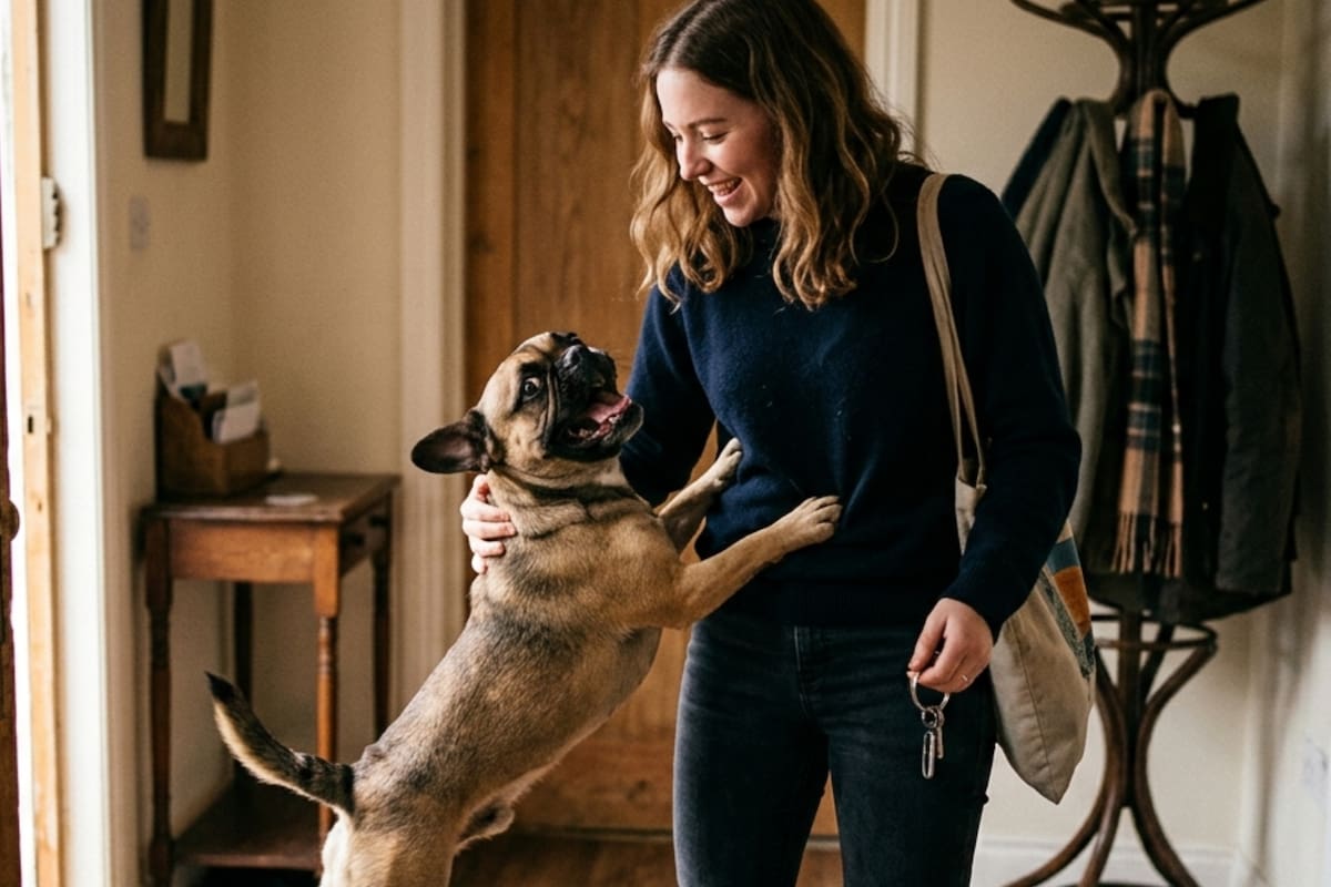 No siempre el recibimiento eufórico de tu perro al llegar a casa es sinónimo de felicidad (Foto ilustrativa generada por IA)