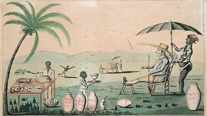 No solo iban a trabajar en las plantaciones sino a servir a sus amos. (Caricatura del siglo XIX satirizando el gobierno colonial en Jamaica)