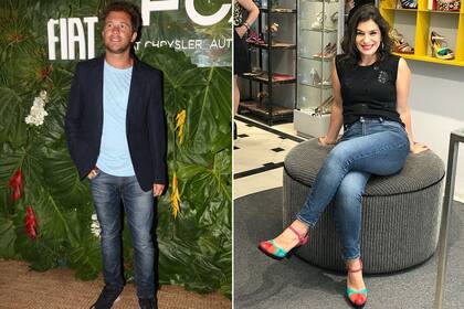 Oda al denim: Tacho riera, en un evento de Fiat, mixtureando remera con traje saco; y Dalia Gutman, fanática confesa de los zapatos de Luz Príncipe, que usa en todos sus shows