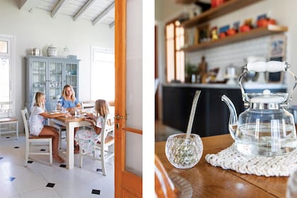 No todo es tea time: los fines de semana se matea, y mucho. Pava de vidrio con asa de cerámica, mate de vidrio labrado y posafuente de cordón tejido (Philippa Deco Boutique). Vajillero a medida. Juego de mesa y sillas de roble francés traídos de Londres.