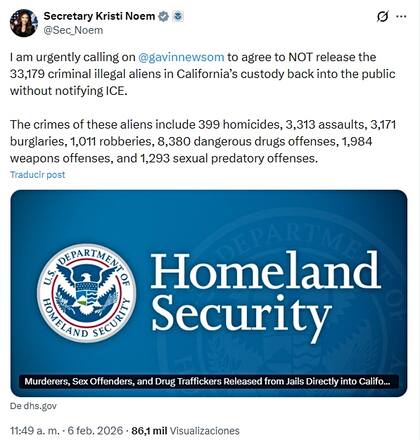 Noem hizo el llamado a Newsom a través de redes sociales