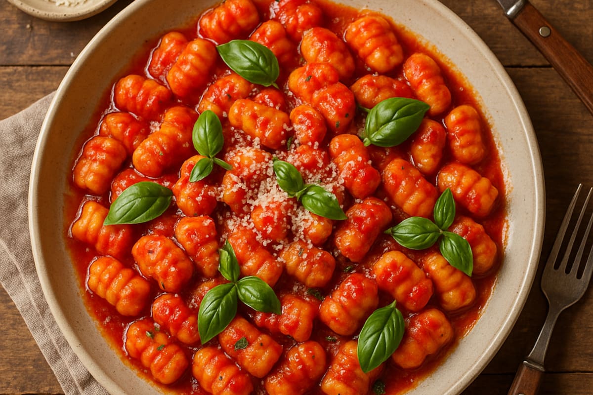 Ñoquis de papa con salsa fileto y albahaca