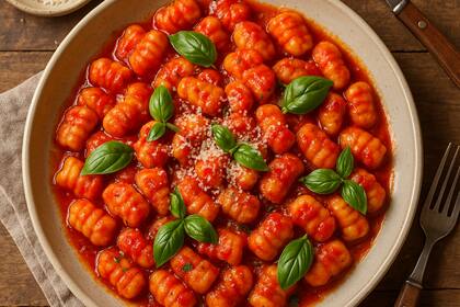 Ñoquis de papa con salsa fileto y albahaca