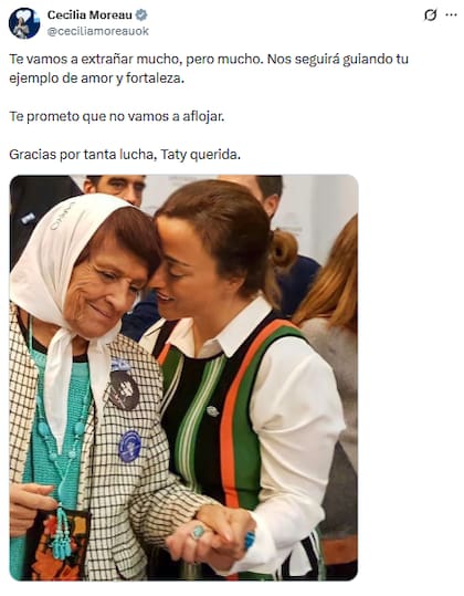 "Nos seguirá guiando tu ejemplo de amor y fortaleza", expresó la vicepresidenta primera de la Cámara de Diputados, Cecilia Moreau