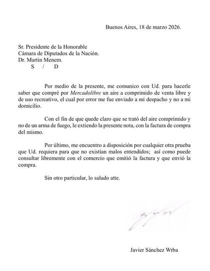 Nota de Javier Sánchez Wrba a Martín Menem por el aire comprimido que compró en Mercado Libre y le llegó a la Cámara de Diputados
