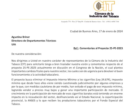 Nota de la CIT (Cámara de la Industria del Tabaco) al Congreso