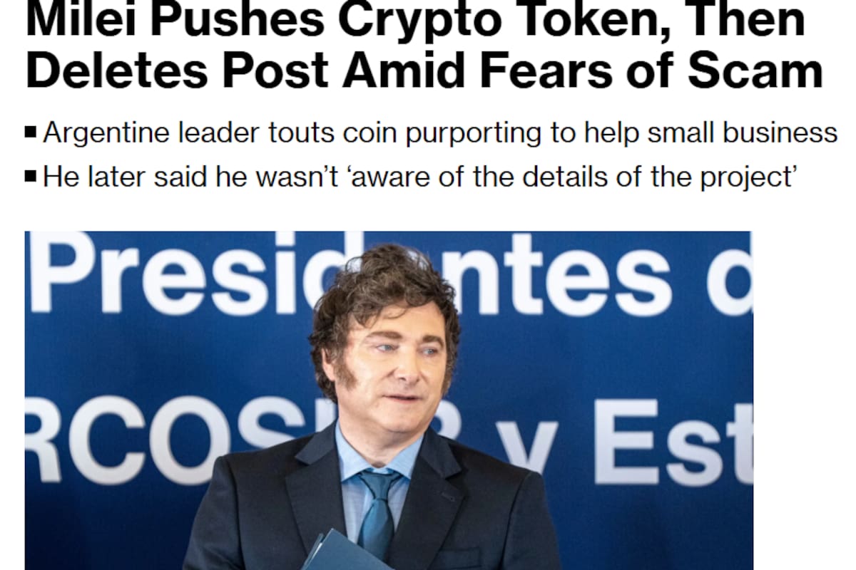 Nota en Bloomberg sobre promoción de Javier Milei al criptoactivo $LIBRA