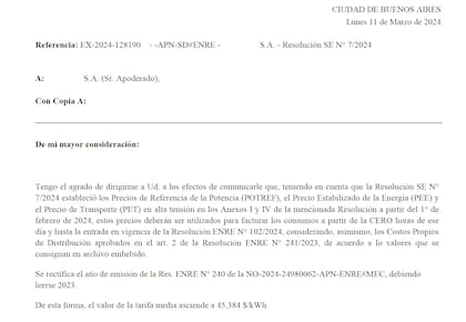 Nota enviada por el ENRE a Edenor y Edesur