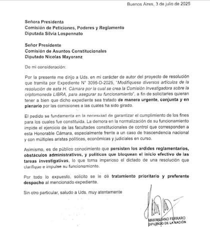 Nota enviada por Ferraro a los presidentes de las comisiones de Asuntos Constitucionales (Nicolás Mayoraz) y Peticiones, Poderes y Reglamento (Silvia Lospennato)