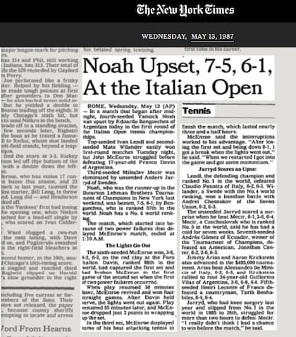 El artículo de The New York Times del 13-5-1987, que refiere al partido entre McEnroe y Davin; "Cuando reiniciamos (tras el corte de luz), entré en el juego y obtuve impulso", dice Big Mac