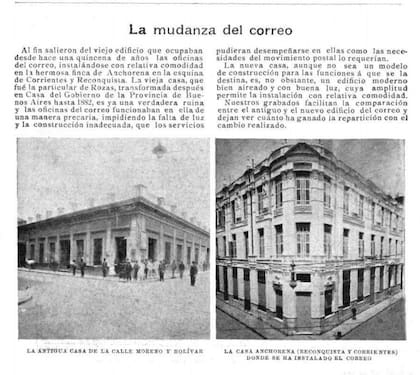 Nota publicada en 1901 en Caras y Caretas acerca de la mudanza del correo: a la izquierda, la antigua sede de Moreno y Bolívar. A la derecha, la nueva Casa Anchorena en Corrientes y Reconquista