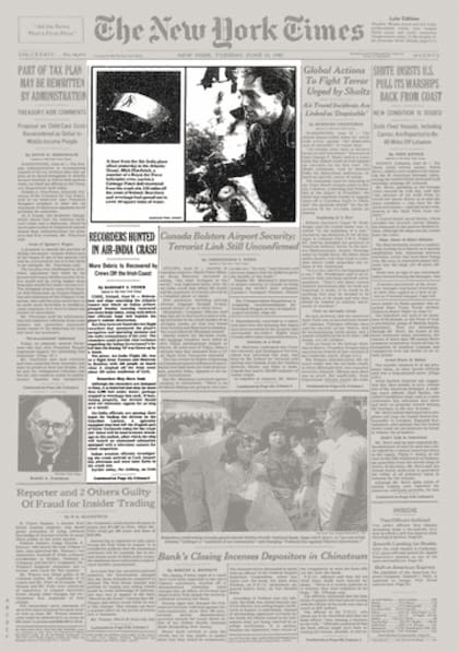Nota sobre el atentado en el Air Force 182 publicada por The New York Times en 1985
