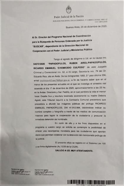 Notificación de la jueza Patricia Gichandut al Ministerio de Seguridad de la Nación para que, a través del programa Buscar, contemple el ofrecimiento de una recompensa para quien aporte datos que permita ubicar y detener a Ricardo Emanuel Papadopulos