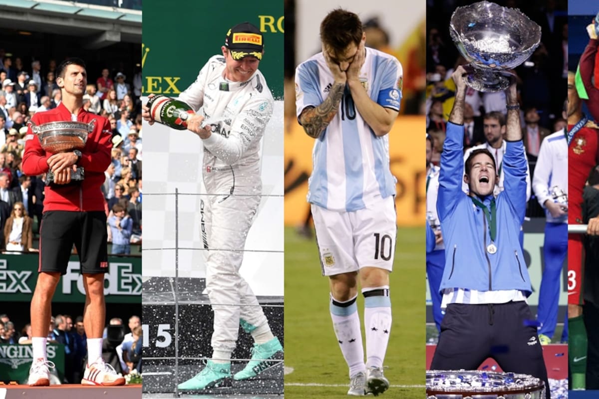 Novak Djokovic con el trofeo de Roland Garros; Nico Rosberg festeja en la F. 1; Lionel Messi volvió a sufrir con la selección; Juan Martín del Potro levantó la ansiada ensaladera y Cristiano Ronaldo ganó la Eurocopa con Portugal