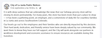 "Nuestros corazones están con los empleados y sus familias que serán impactados directamente por esta decisión", escribió Michael Hart en Facebook (Facebook/City of La Junta Public Notices)
