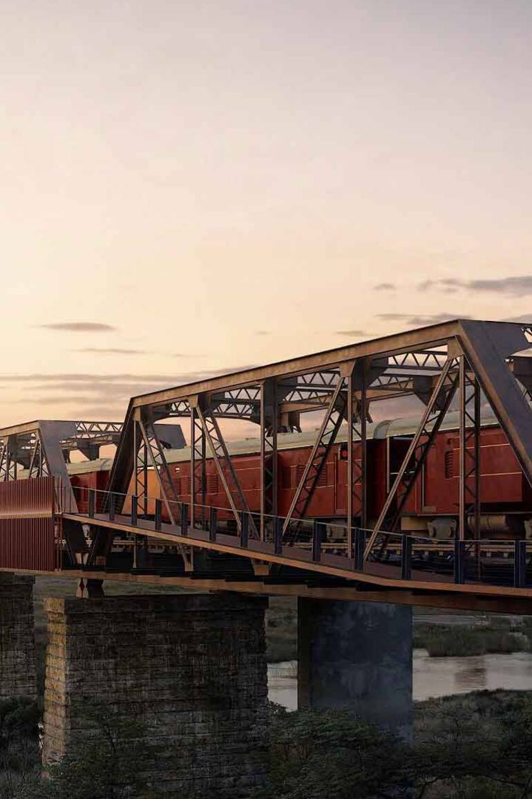 Nuevo Kruger Shalati: hotel montado en un antiguo tren, detenido sobre el río Sabie.
