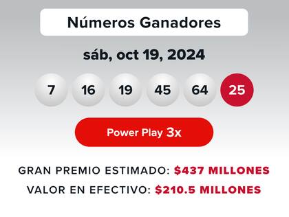 Números ganadores del sorteo de Powerball del sábado 19 de octubre.