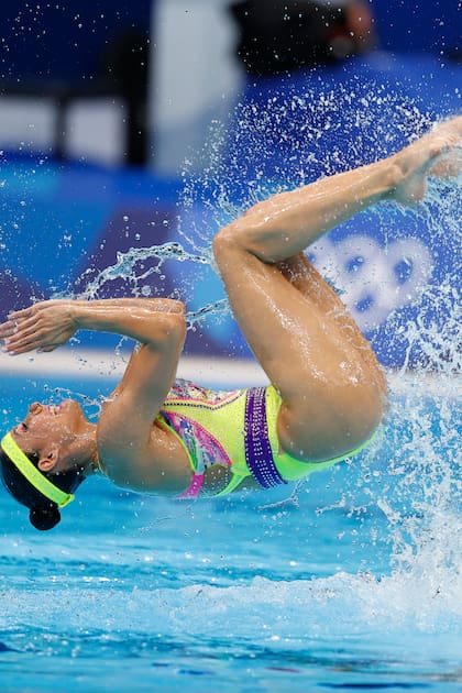 Nuria Diosdado y Joana Jiménez del Team Mexico compiten en la Rutina Técnica Artistic Swimming Duet el día once de los Juegos Olímpicos de Tokio 2020 en el Centro Acuático de Tokio el 3 de agosto de 2021 en Tokio, Japón.