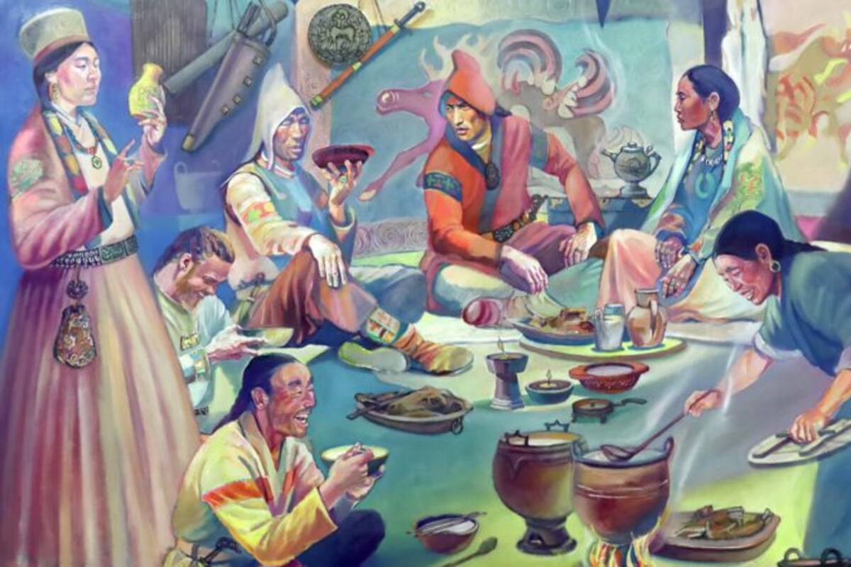Obra del artista Galmandakh Amarsanaa que representa los hallazgos sobre los xiongnu, cuyo imperio multiétnico se conectó comercialmente con Roma, Egipto y la China imperial