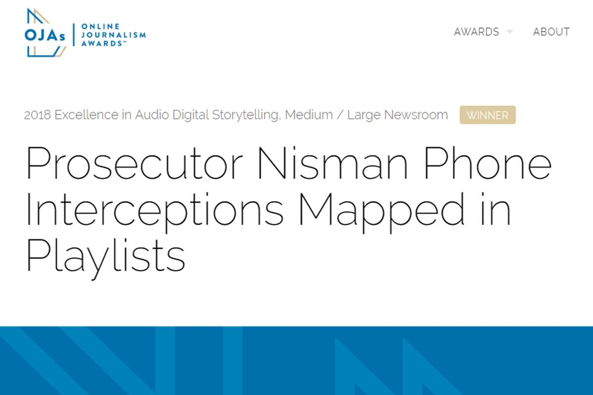 Obtuvo el máximo galardón de los premios de la Online News Association por su trabajo de mapeo de los audios más relevantes de las escuchas de Nisman