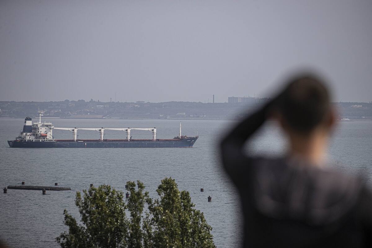 ODESSA, UKRAINE - AUGUST 01: Sierra Leone-flagged dry cargo ship Razoni departs from port of Odesa in Odessa, Ukraine on August 01, 2022 as part of a recent grain export deal signed between Turkiye, the UN, Russia, and Ukraine and expected to reach Istanbul tomorrow. (Photo by Metin Aktas/Anadolu Agency via Getty Images)