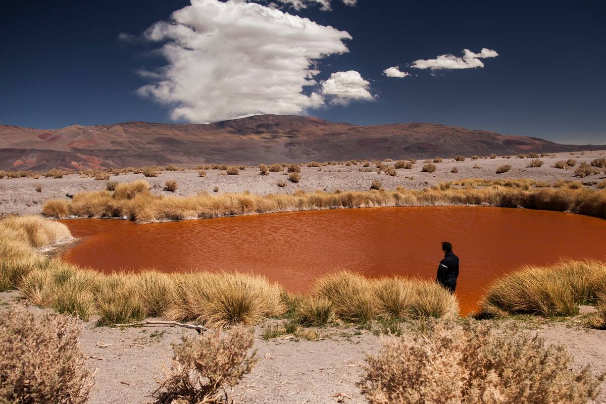 Ojo del Salar de Antofalla; debajo, el agua congelada de un géiser