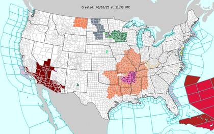 Ola de calor implacable: el valle del Mississippi registrará máximas de 38 °C (100 °F) y sensaciones térmicas de 43 °C (109 °F), con noches sofocantes por mínimas de 24 °C (75 °F) sin alivio