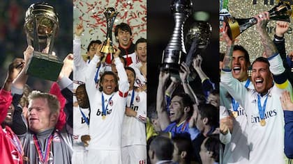 Oliver Khan con Bayern Munich (2001), Paolo Maldini con Milan (2007), Carlos Tevez con Boca (2003) y Sergio Ramos con Real Madrid (2016); Alemania, Italia, Argentina y España, múltiples campeones del mundo