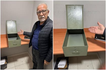 Omar Plaini, presidente de Los Andes, muestra la caja de seguridad vacía del club en el Banco Provincia