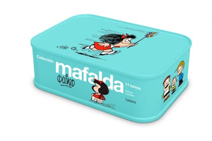 Once tomos de Mafalda, en una caja de lata ilustrada